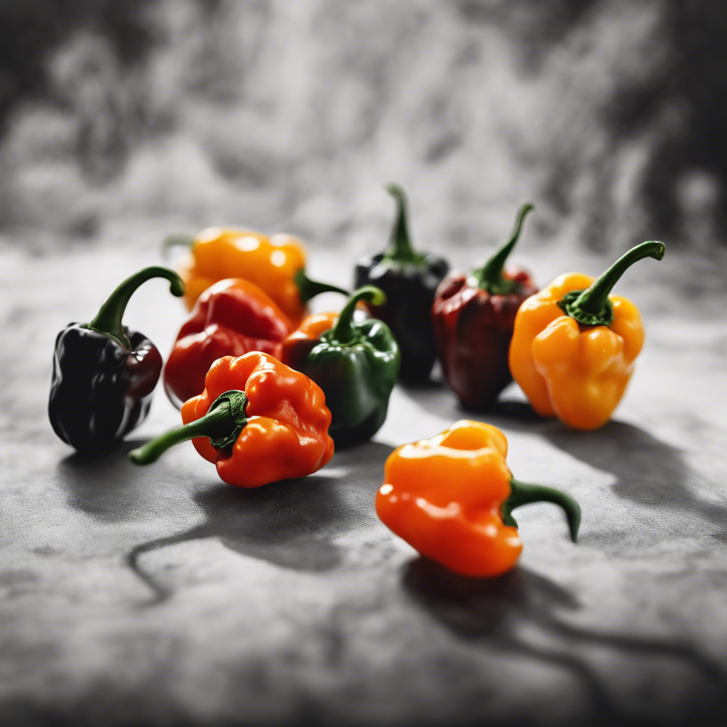 Close-up view of Habanero Peppers in different colors, depicted in the style of Chinese ink brush pa (9)