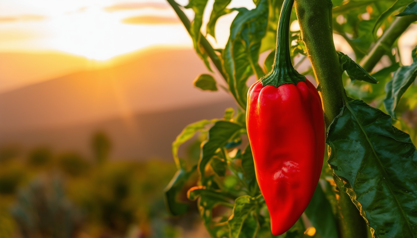 Red Habanero on a Pepperplant in the Sunrise with Mountains on the Background Red Habanero on a Pepperplant in the Sunrise with Mountains on the Background